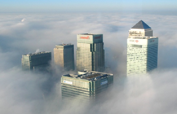  London Docklands in the fog from a Eurocopter AS355. 